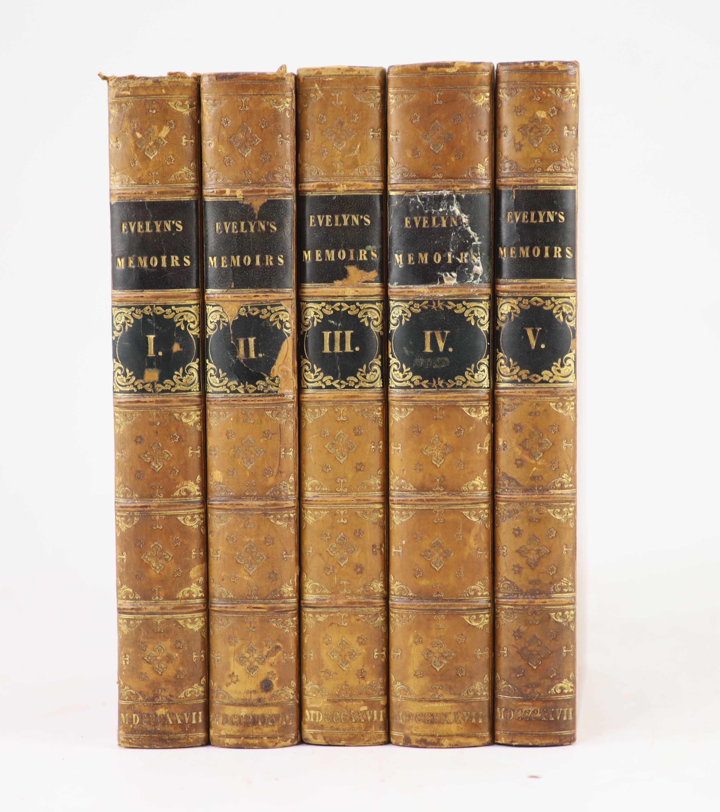 Bray, William (editor) - Memoirs of John Evelyn, Esq; F.R.S. Author of the “Sylva”… Comprising his diary, from 1641 to 1705-6… A new edition, 5 vols. Complete with 10 engraved plates, 3 of which are folding. Uniformly bo